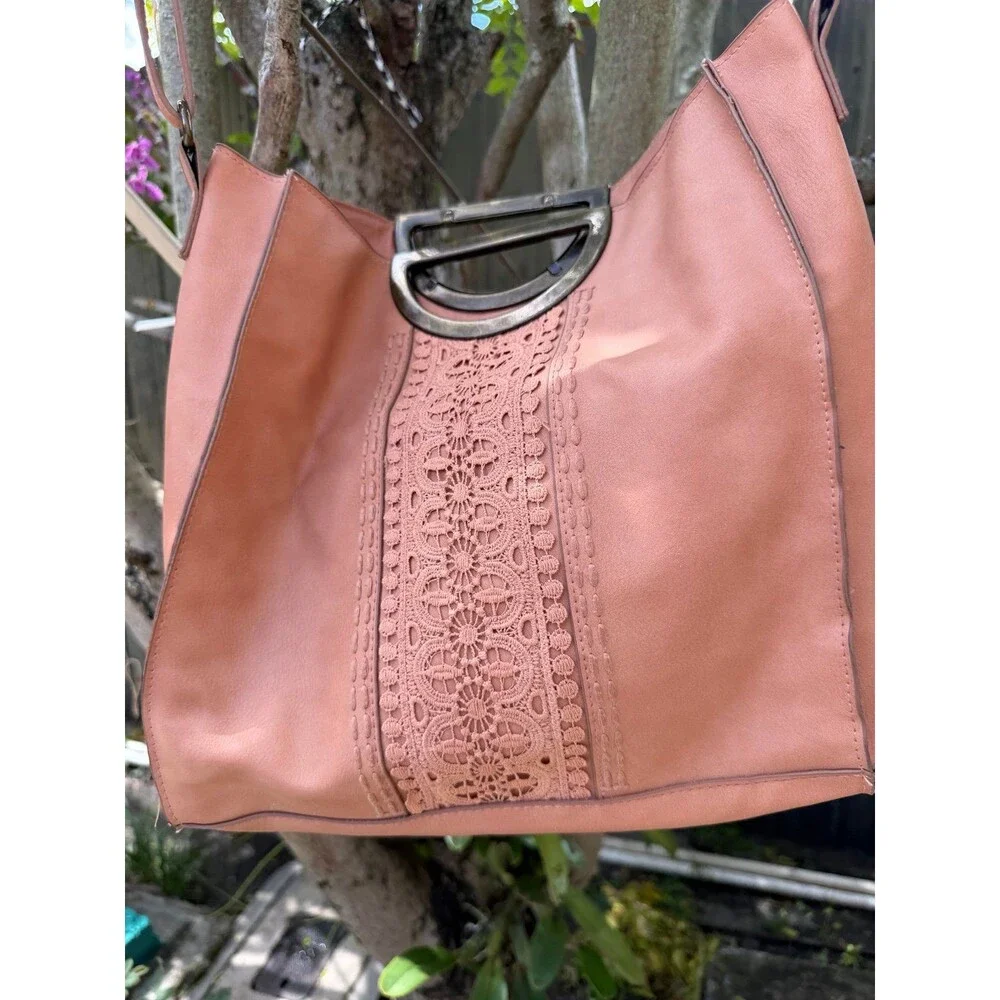 Boho Faux Leather Hobo Shoulder Bag Brown Crochet Lace Accent Large Tote